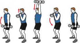 Une personne commence une flexion des coudes et un développé vertical avec haltères court. Une personne termine une flexion des coudes avec haltères.