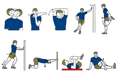 Le diagramme montre une série d’étirements pour diverses parties du corps, y compris le dos, le cou, les mollets, les épaules et les hanches. 